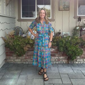 Beau & Ro Plaid Leopard Rug Multicolor Patterned Midi Dress Women’s Small